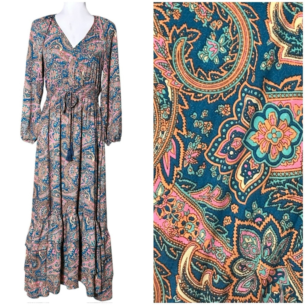 Boemo x Anthro Long Slv Paisley Maxi Dress Med Petite MP Tiered Boho Teal Pink